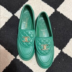 CHANEL Emerald Quilted Loafers Interlock